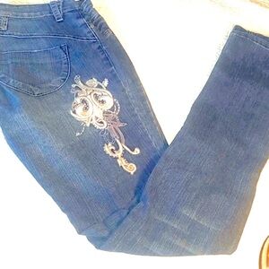 Straight leg embroidered stretch jean